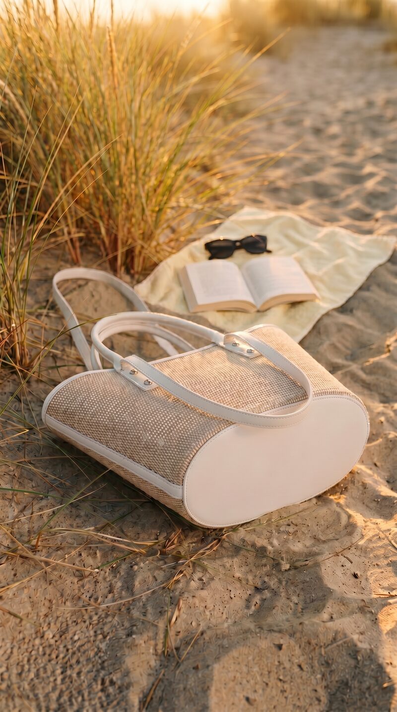 Accessories AI shoot — location, styled with sunglasses and book