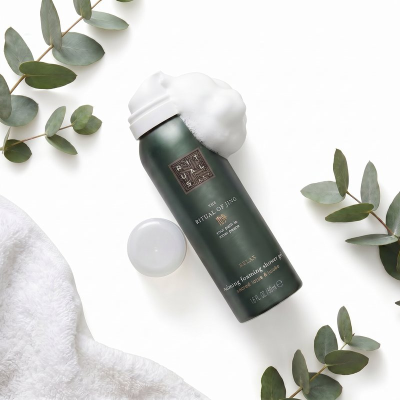 Beauty AI product shoot — flatlay with eucalyptus