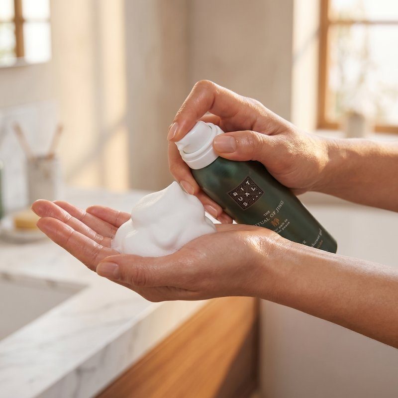 Beauty AI product shoot — lifestyle, hands with foam