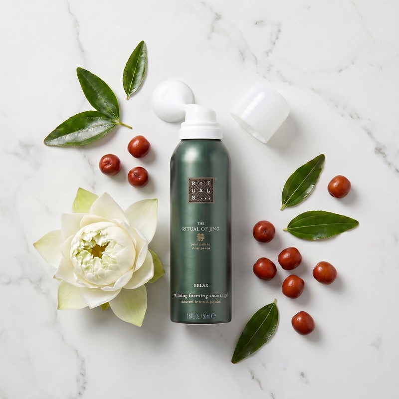 Beauty AI product shoot — flatlay with lotus and jujube