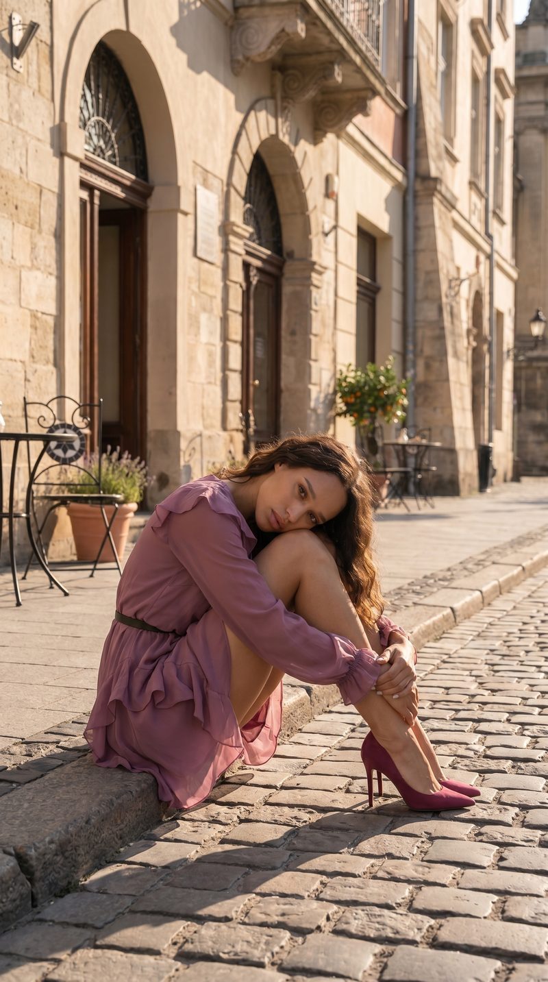 Fashion AI shoot — seated on street