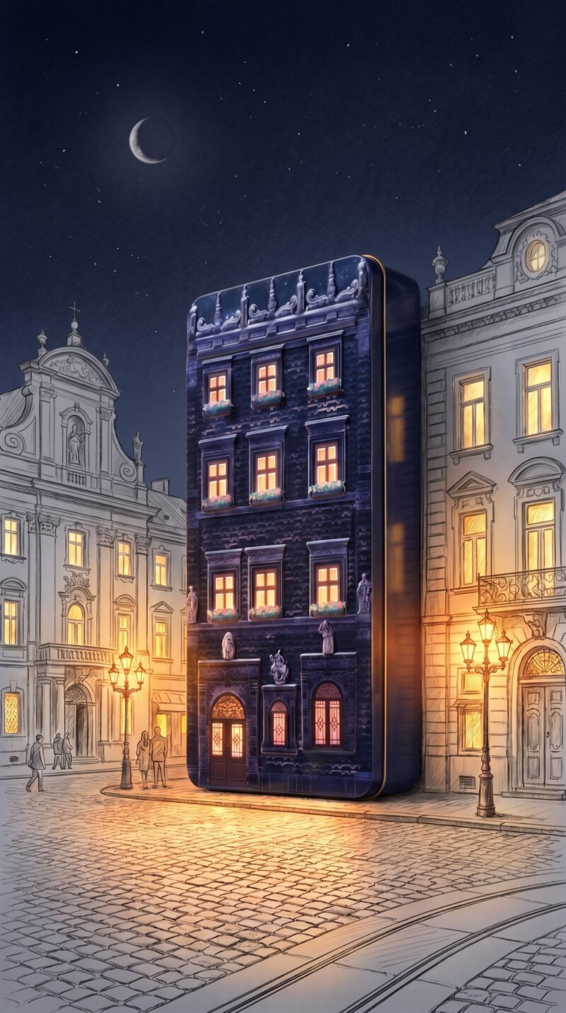 Chocolate box creative AI concept — night city building
