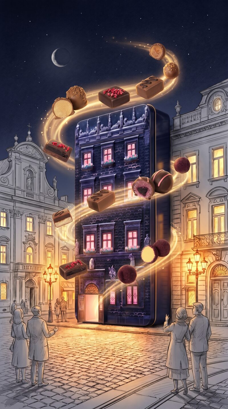 Chocolate box creative AI concept — chocolates swirling around building