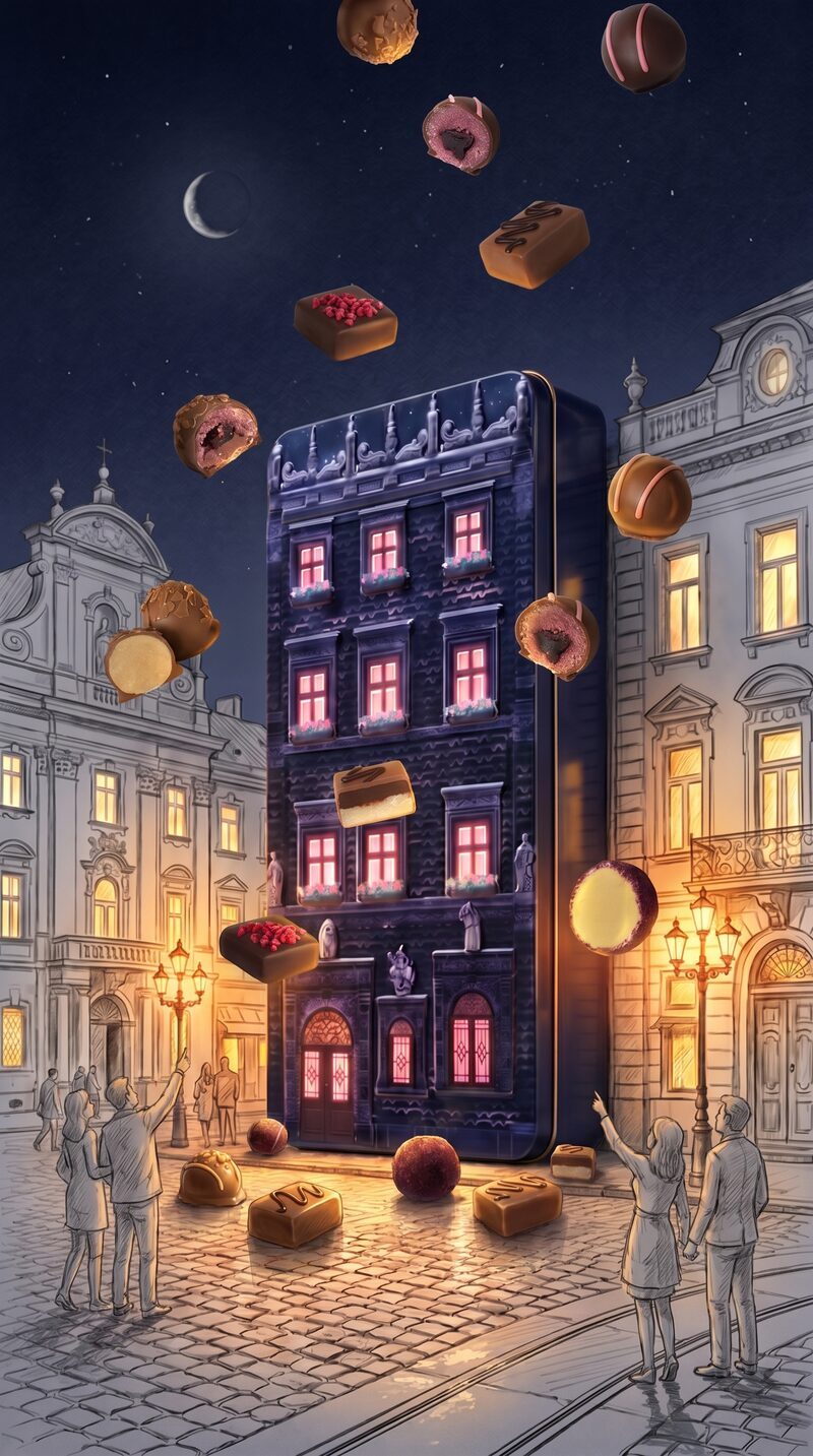 Chocolate box creative AI concept — chocolates falling from sky
