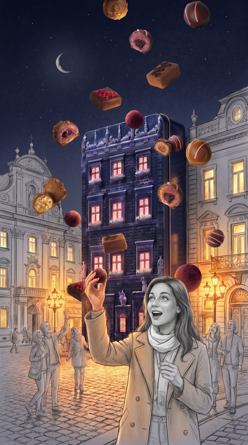 Chocolate box creative AI concept — woman reaching for chocolate