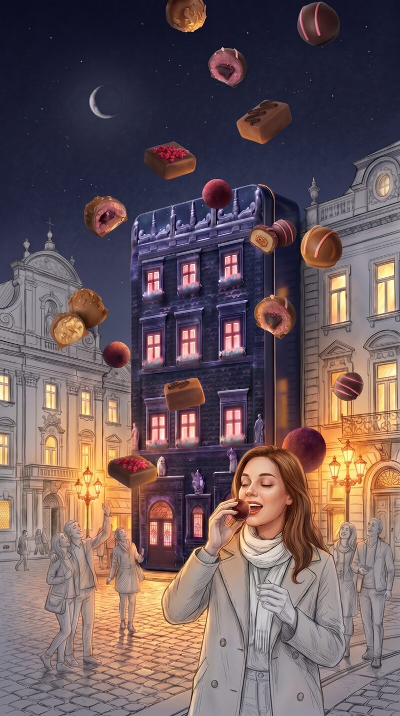 Chocolate box creative AI concept — woman tasting chocolate