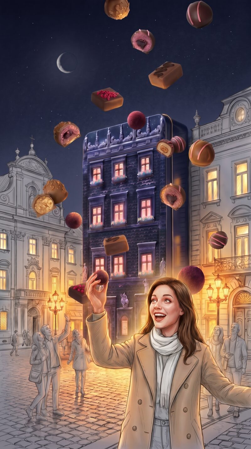 Chocolate box creative AI concept — woman laughing with chocolates