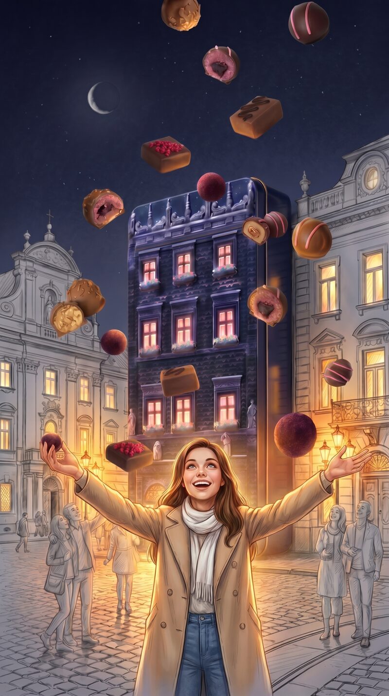 Chocolate box creative AI concept — woman with arms raised, chocolates falling