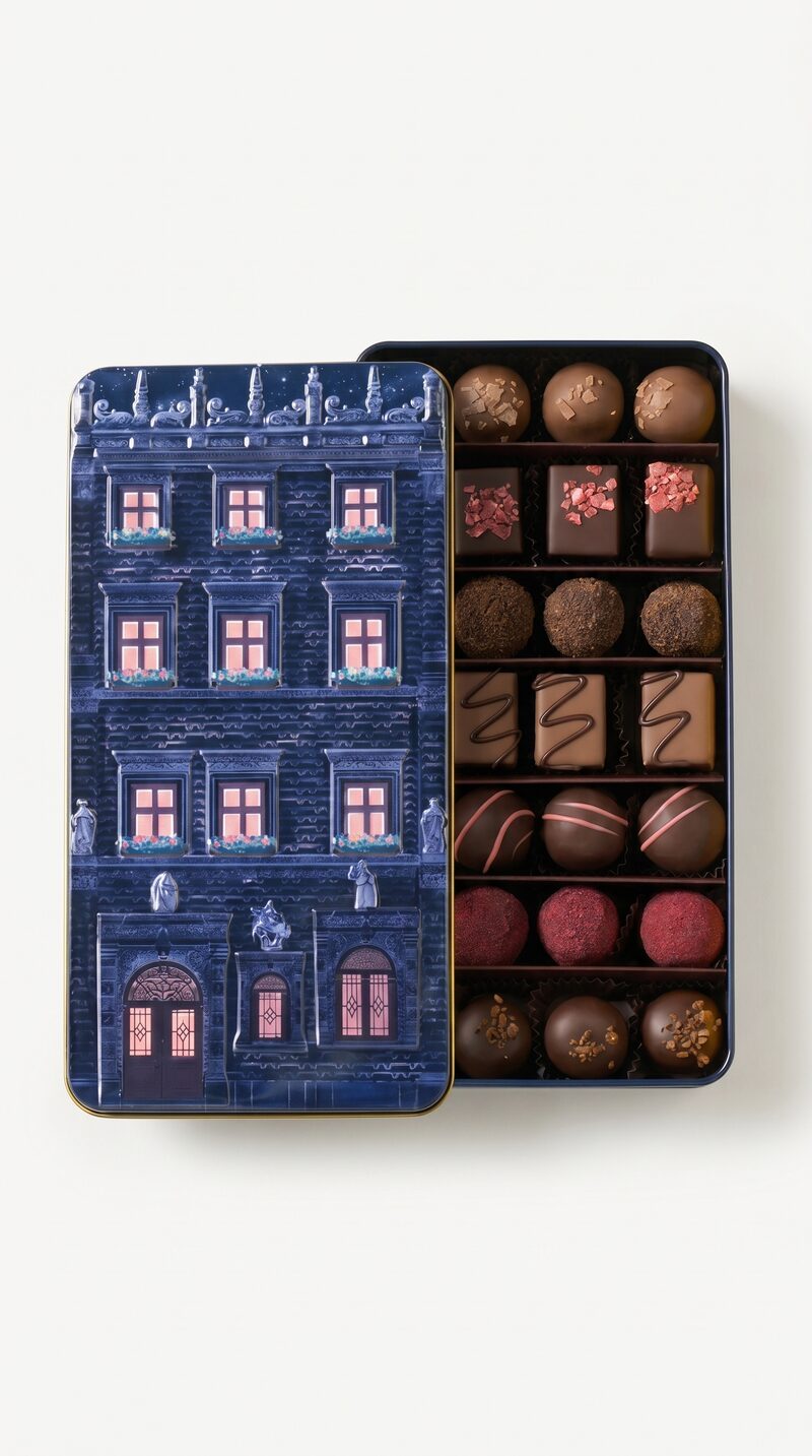Chocolate box AI product shoot — open box, top view
