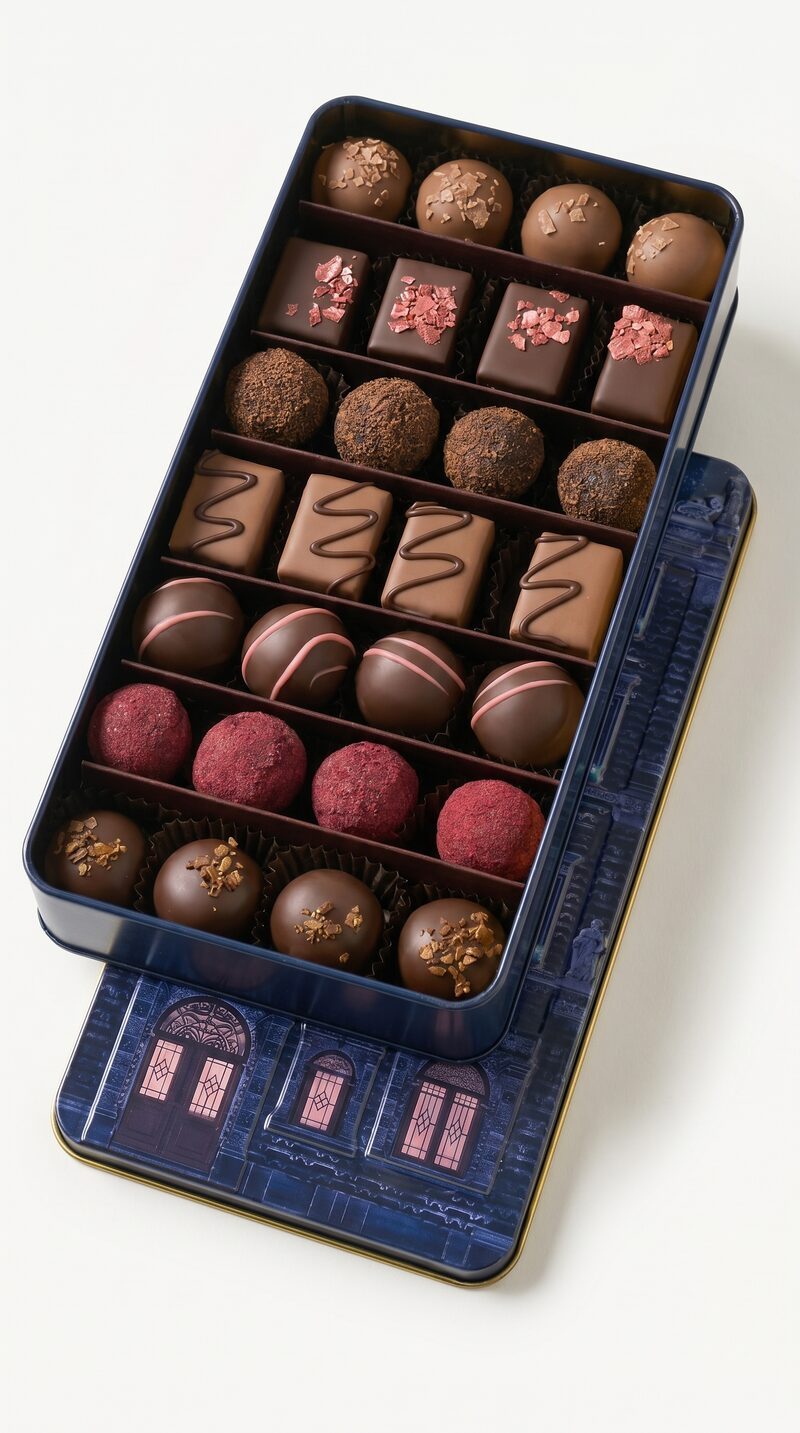 Chocolate box AI product shoot — angled, box lid