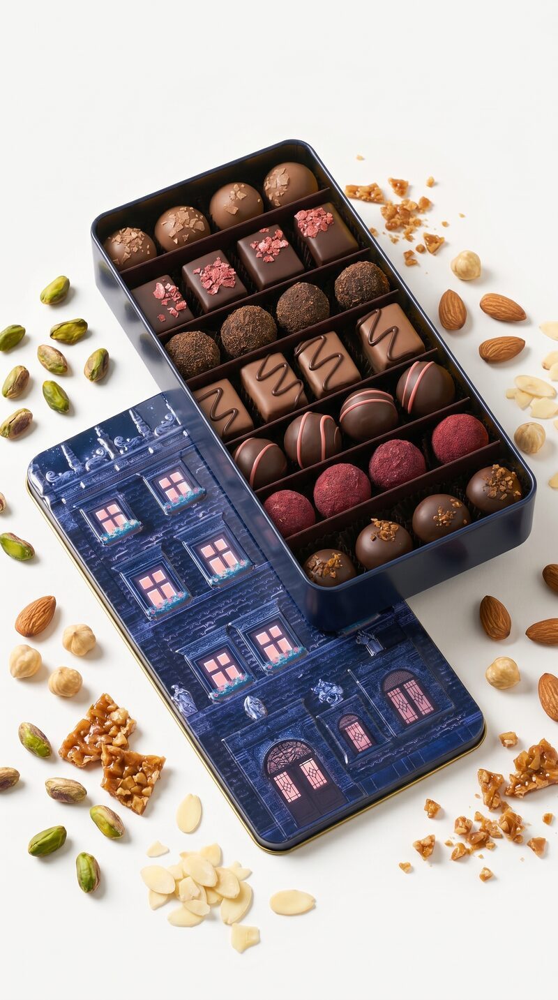 Chocolate box AI product shoot — angled with nuts