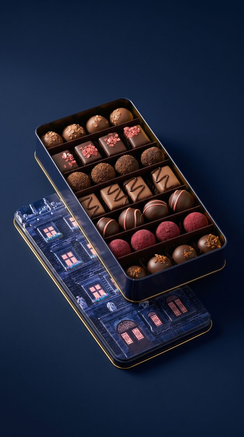 Chocolate box AI product shoot — dark background