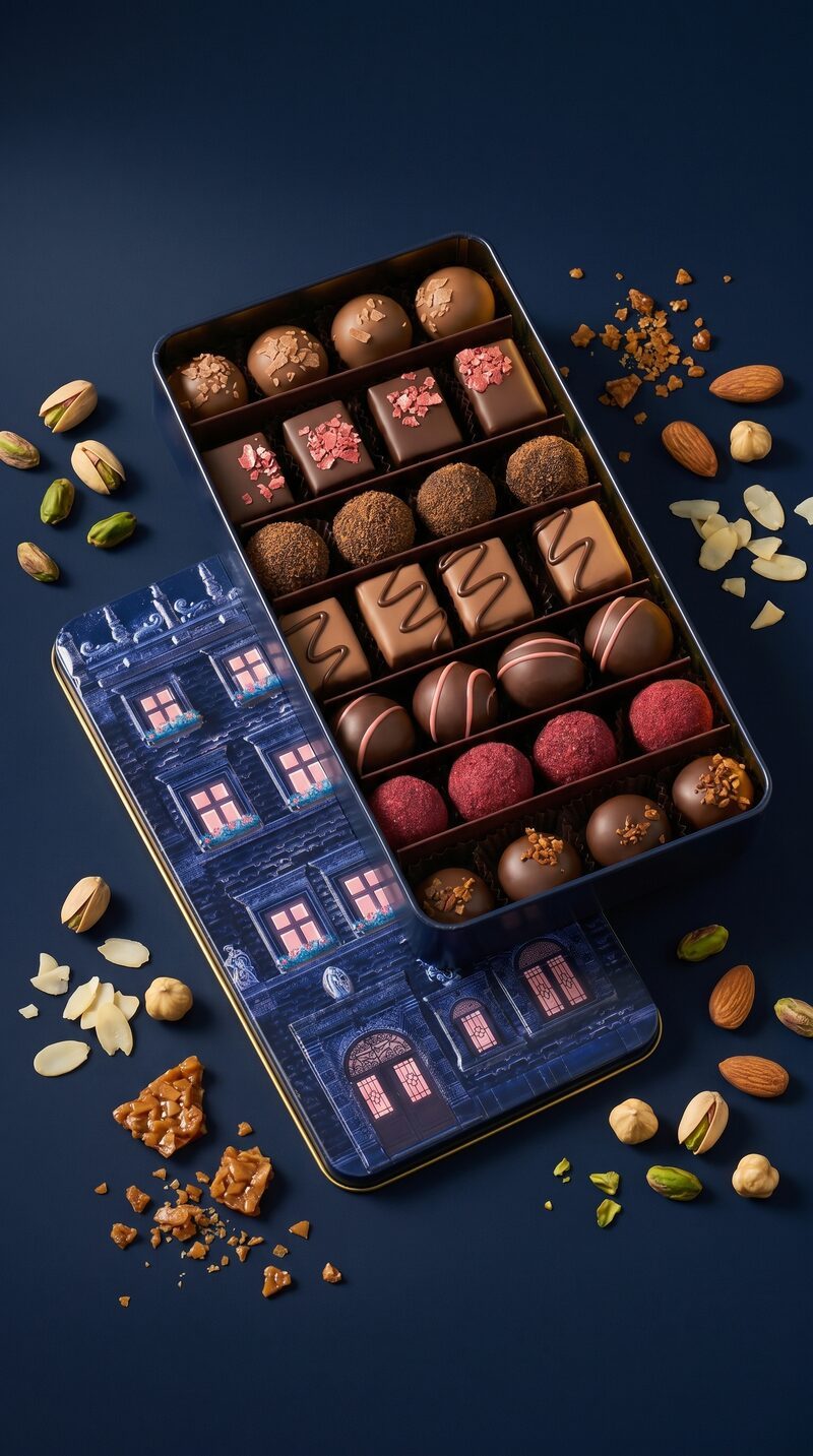 Chocolate box AI product shoot — styled with nuts and caramel