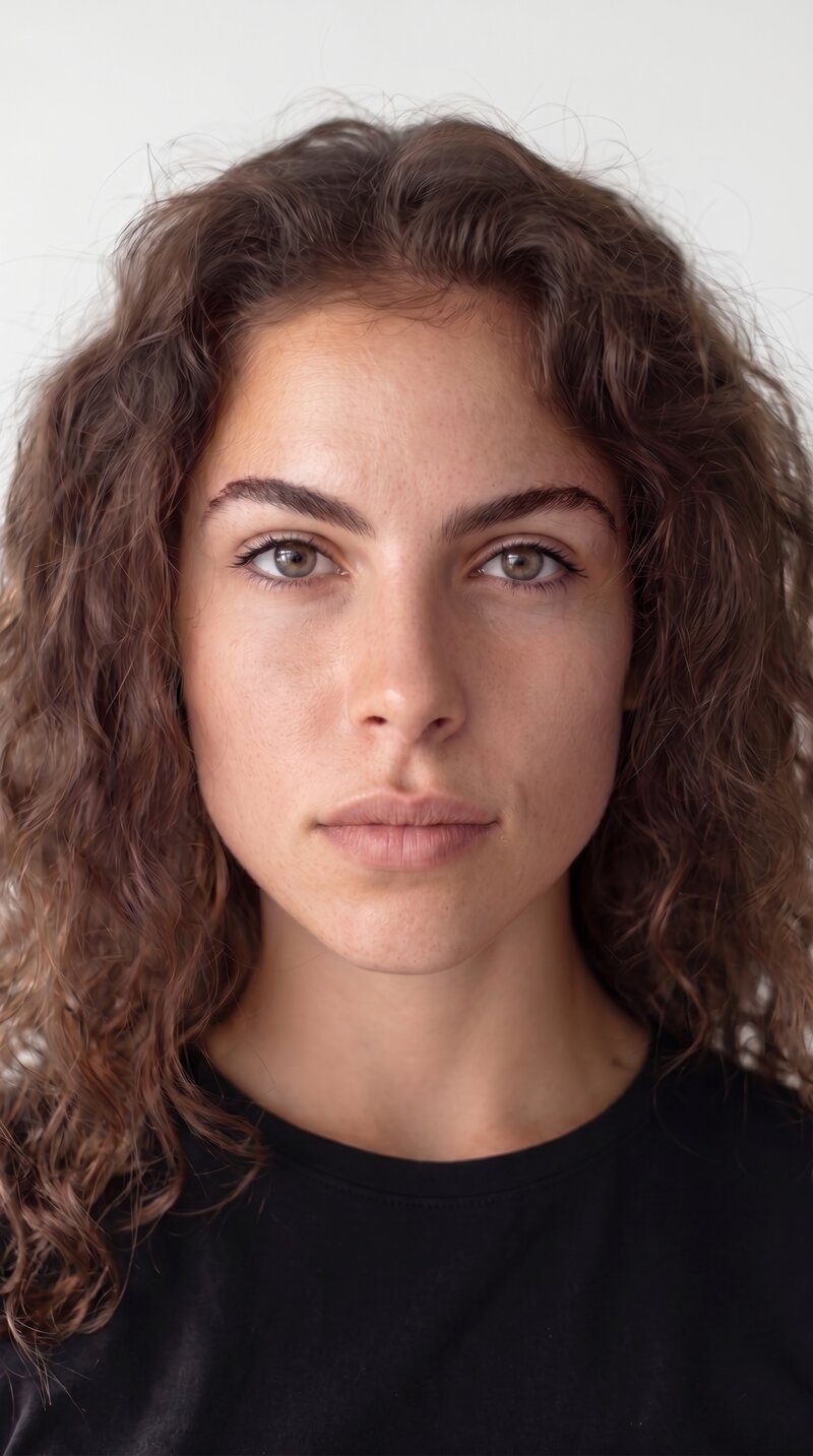 Model snap — close portrait, studio