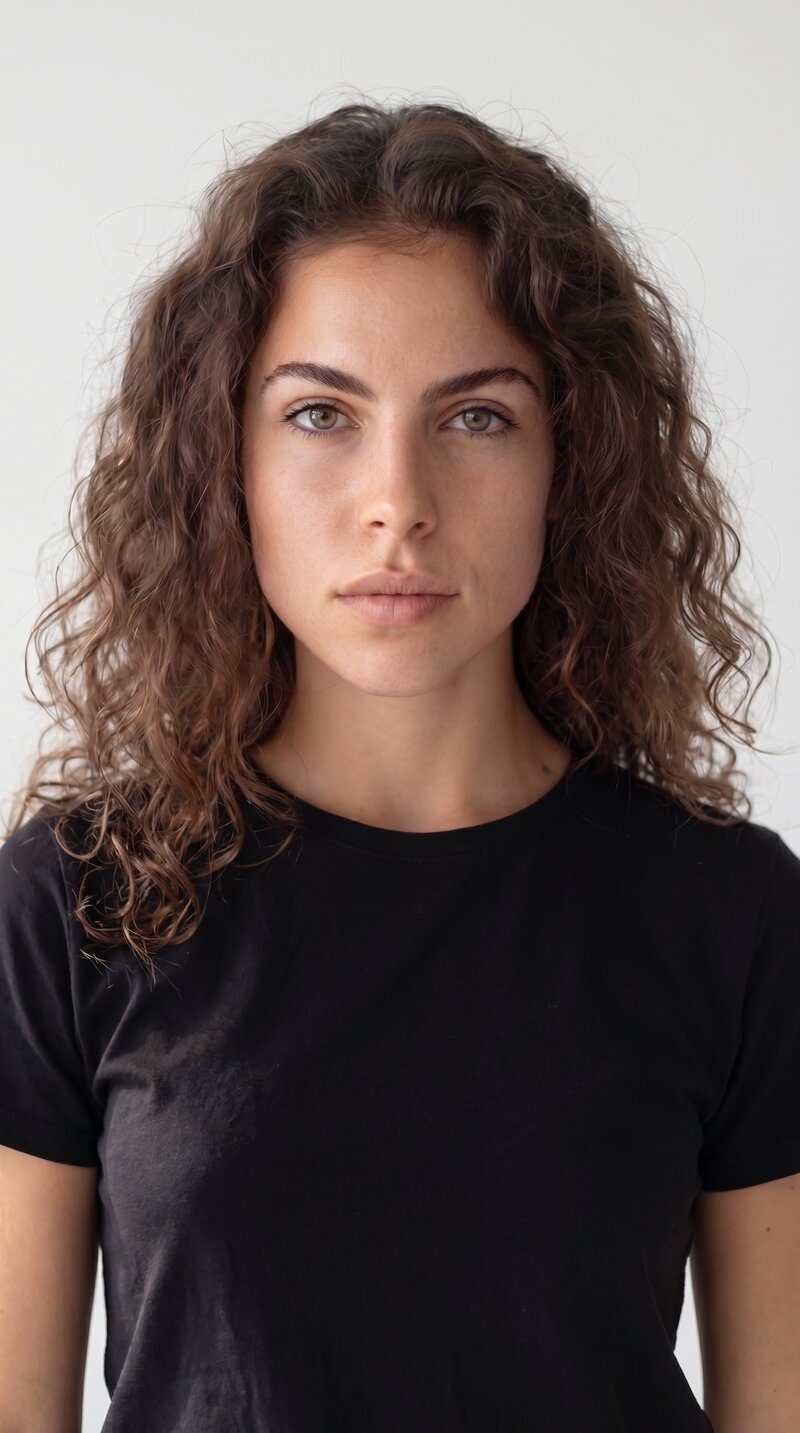 Model snap — close portrait, studio